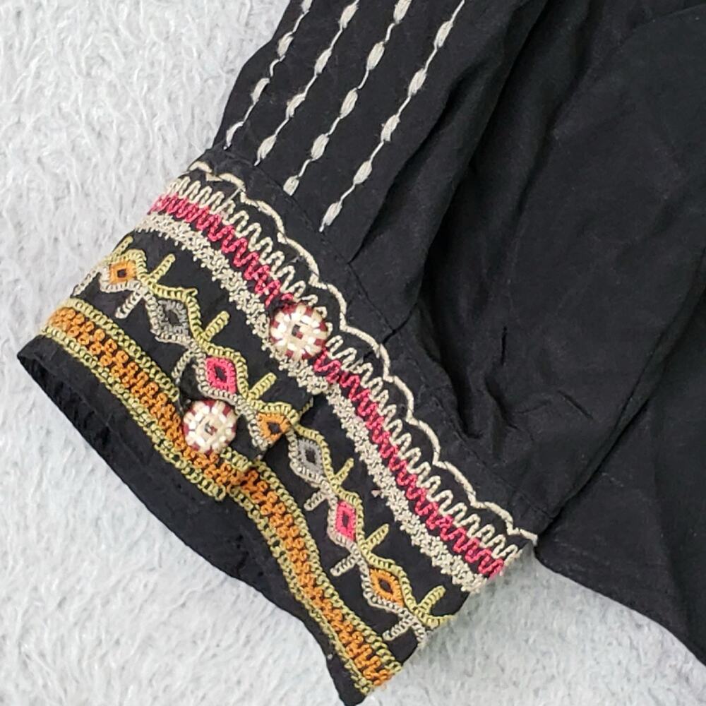 BIYA Johnny Was Silk Blouse Womens XL Black Ozee Embroidered Boho Top Shirt - Picture 6 of 8